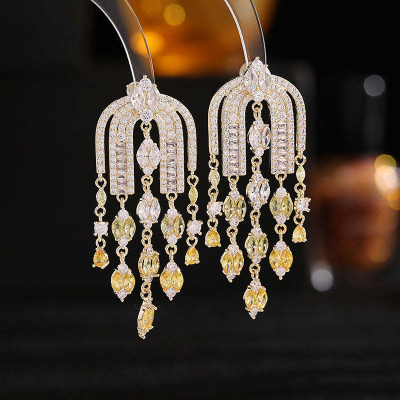 French elegant temperament light luxury high-end zircon tassel earrings design arch shape bridal dress earrings-Mix MIx Style