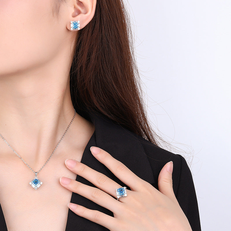 2023 New S925 Silver High Carbon Diamond Aquamarine Princess Square Diamond Set Female Main Stone 8*8-7*7-Mix MIx Style