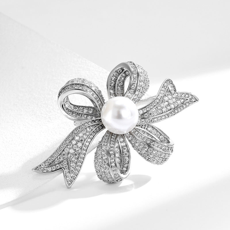 New high-end luxury elegant exquisitely inlaid diamond pearl ribbon brooch high-end design fashion accessories-Mix MIx Style