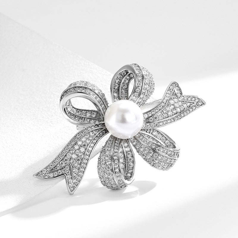 New high-end luxury elegant exquisitely inlaid diamond pearl ribbon brooch high-end design fashion accessories-Mix MIx Style