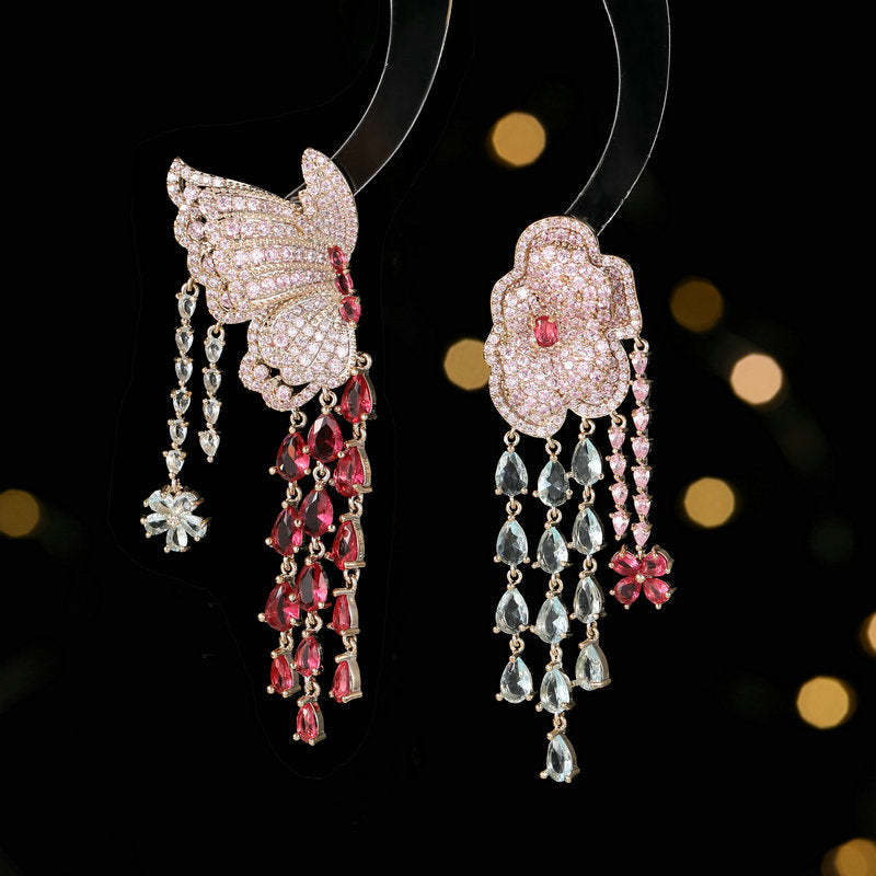 Liyu jewelry exaggerated atmosphere heavy earrings wholesale inlaid zircon light luxury high-end butterfly flower tassel earrings-Mix MIx Style