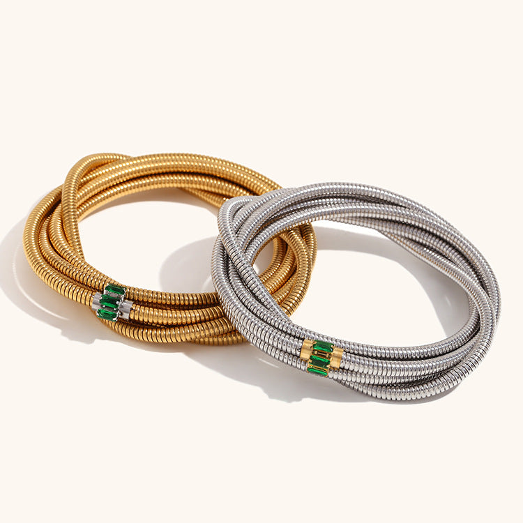 European and American cross-border hot selling simple and versatile fashion stainless steel plated 18K gold multi-layer snake chain wrapped green diamond bracelet for women-Mix MIx Style