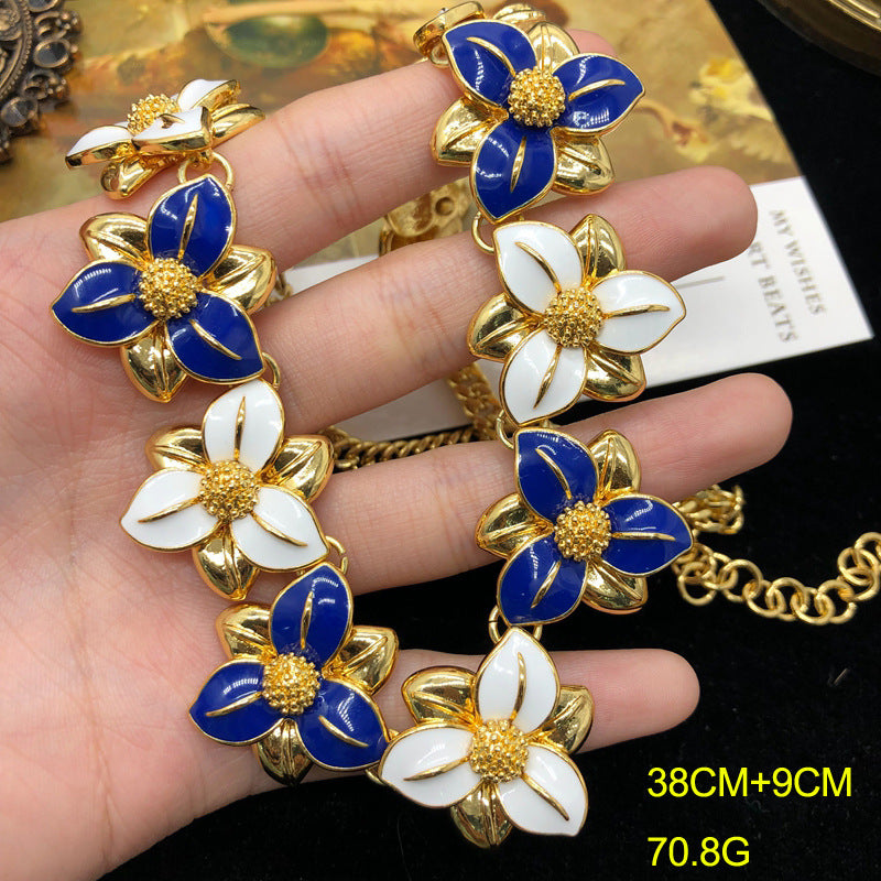 Blue Flowers Vintage Diamond Luxury 18k Vermeil Gold Plated Necklace Earrings Jewelry Set | Mix Mix Style-Mix MIx Style