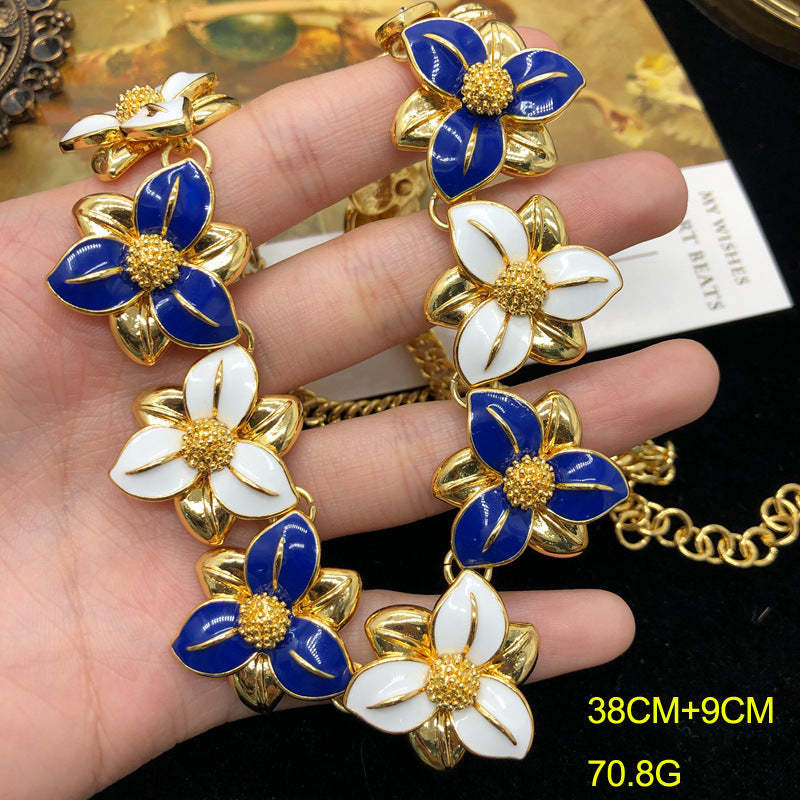 Blue Flowers Vintage Diamond Luxury 18k Vermeil Gold Plated Necklace Earrings Jewelry Set | Mix Mix Style-Mix MIx Style