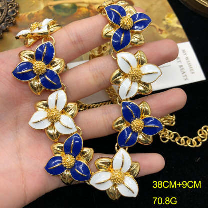 Blue Flowers Vintage Diamond Luxury 18k Vermeil Gold Plated Necklace Earrings Jewelry Set | Mix Mix Style-Mix MIx Style