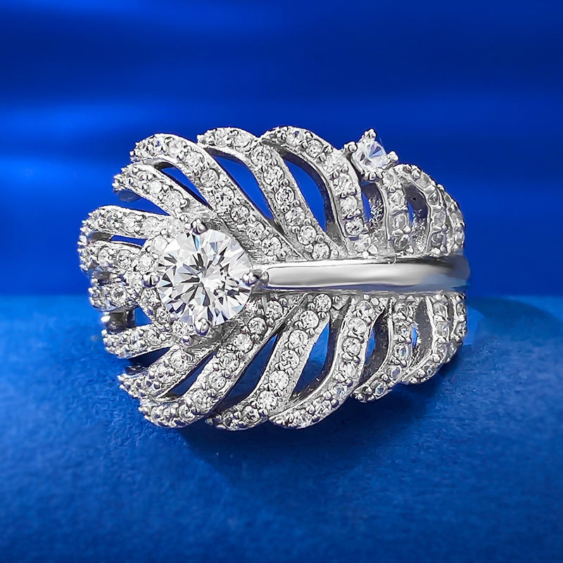 White Multi Row Leaf Round Cut Moissanite Diamond 1ct 18k White Gold Engagement Ring | Mix Mix Style-Mix MIx Style