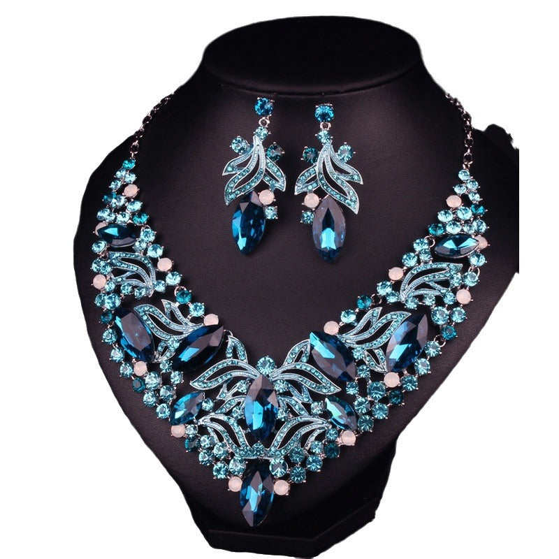 Multicolor Retro Embellished Full Diamonds Luxury 18k Gold Plated Necklace & Drop Earrings Jewelry Set | Mix Mix Style-Mix MIx Style