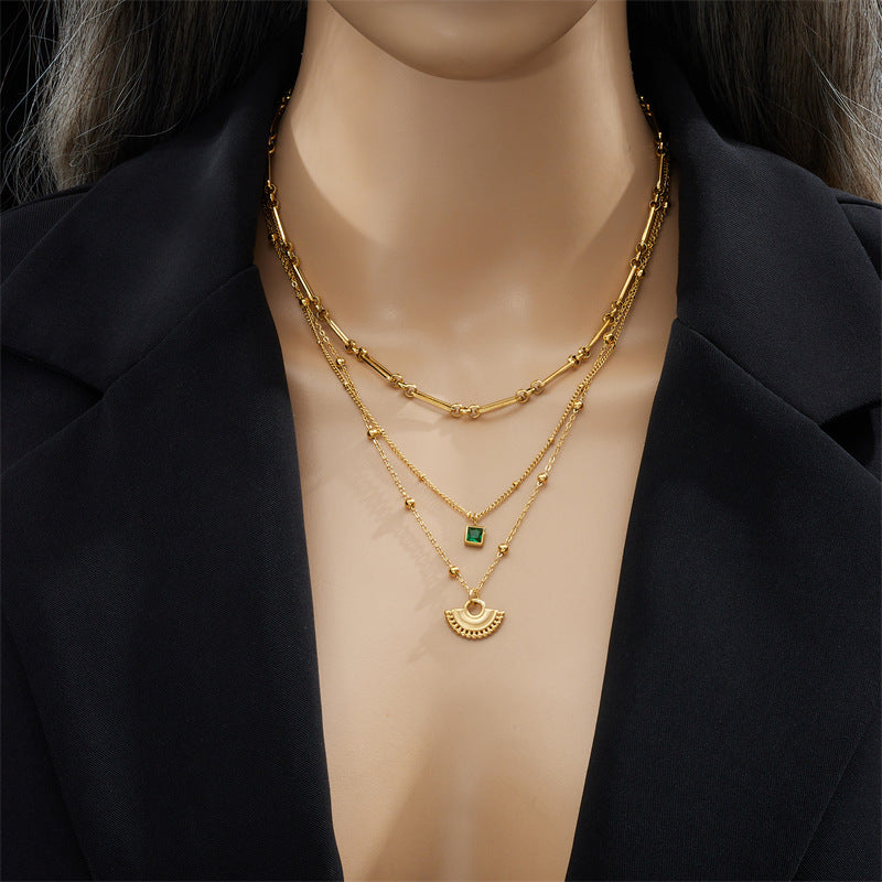 Elegant 18ct Gold Plated square green diamond fan-shaped pendant Moissanite Diamond Chain Fan Pendant Necklace | Mix Mix Style [Hot Seller]-Mix MIx Style