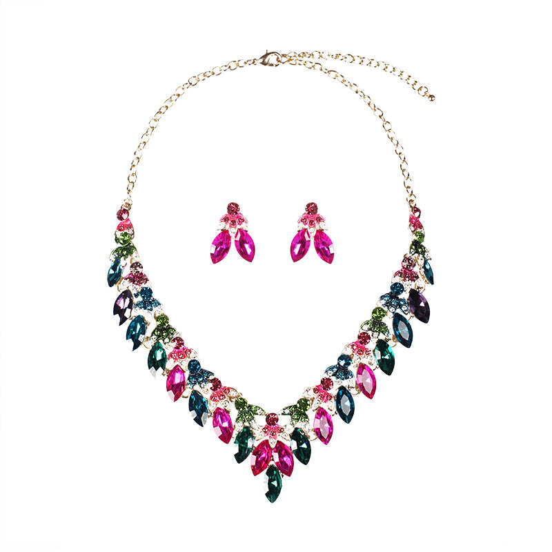 Pink Multicolor Retro Classic Marquise Diamonds Luxury 18k Gold Plated Necklace & Earrings Jewelry Set | Mix Mix Style-Mix MIx Style