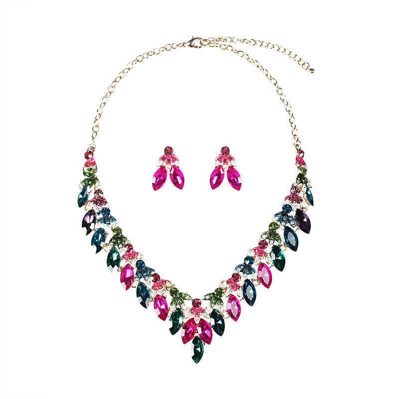 Pink Multicolor Retro Classic Marquise Diamonds Luxury 18k Gold Plated Necklace & Earrings Jewelry Set | Mix Mix Style-Mix MIx Style