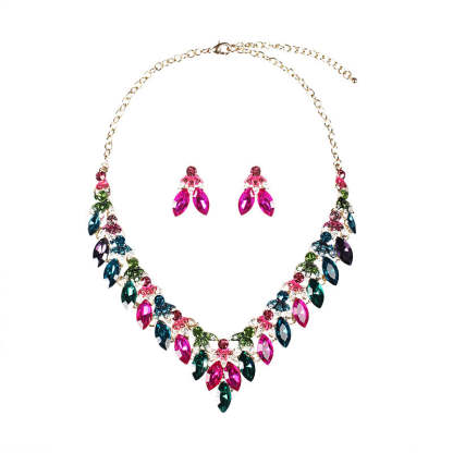 Pink Multicolor Retro Classic Marquise Diamonds Luxury 18k Gold Plated Necklace & Earrings Jewelry Set | Mix Mix Style-Mix MIx Style
