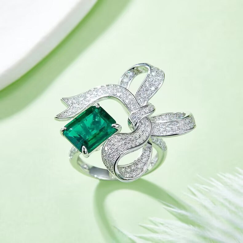 Fashion Green Bow Emerald Cut Moissanite Diamond 3ct 18k White Gold Engagement Ring | Mix Mix Style-Mix MIx Style