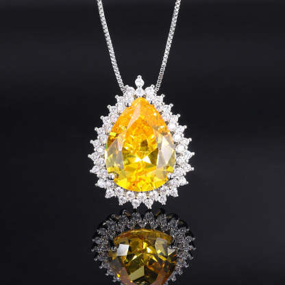 Yellow & Pink Vintage Classic Pendant Pear Cut Diamond Luxury 18k White Gold Plated Necklace Earrings Jewelry Set | Mix Mix Style-Mix MIx Style