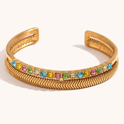 European and American cross-border double-layer diamond-studded herringbone pattern open bracelet stainless steel gold-plated retro holiday style hand jewelry-Mix MIx Style