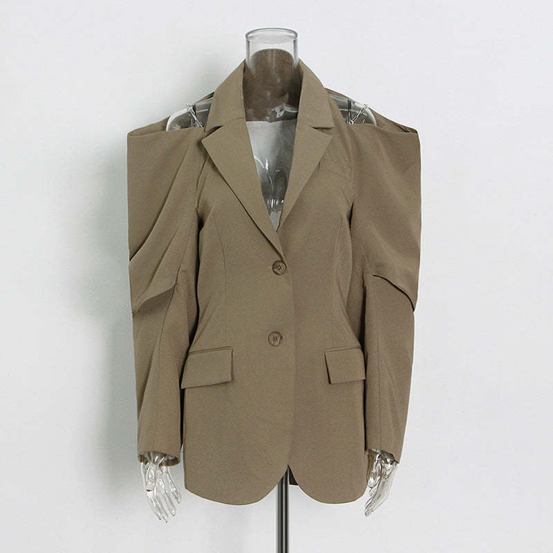 Cross-border foreign trade personalized suit 2024 spring new style niche design off-shoulder hollow solid color long-sleeved loose coat-Mix MIx Style