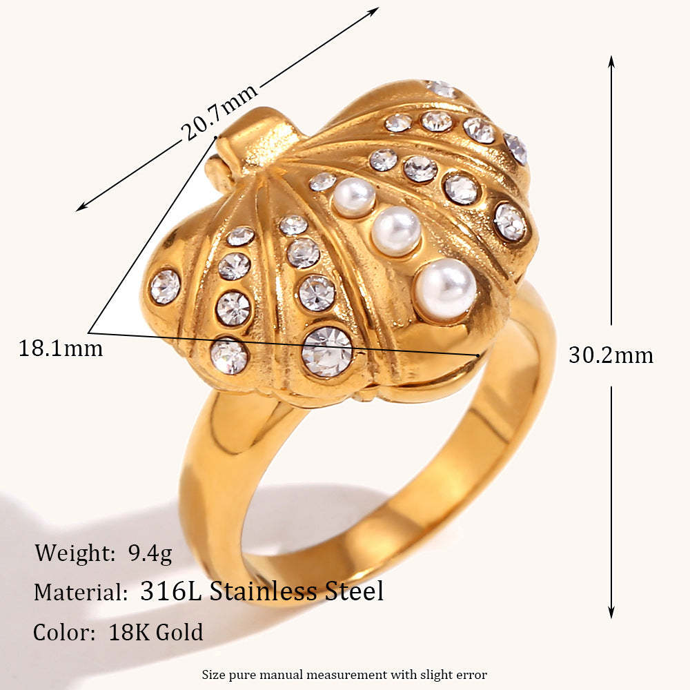 Seashell White Diamonate Vintage Classic Pendant Luxury 18k Gold Plated Necklace & Ring Jewelry Set | Mix Mix Style-Mix MIx Style