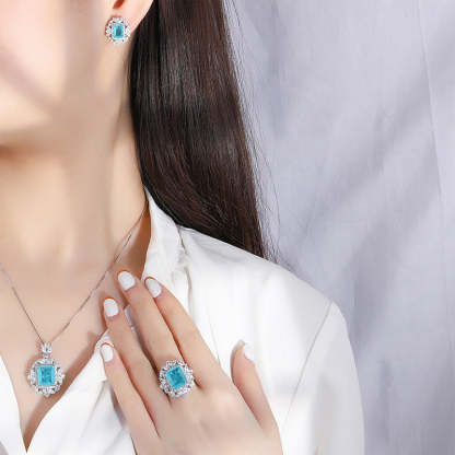 European and American fashion hot selling simulated Paraiba ring pendant 10*12 earrings 6*8 set S925 silver-Mix MIx Style