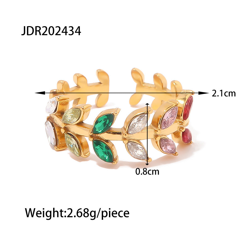INS Internet celebrity 18K gold-plated European and American inlaid zircon leaf open ring female fashion all-match titanium steel ring-Mix MIx Style