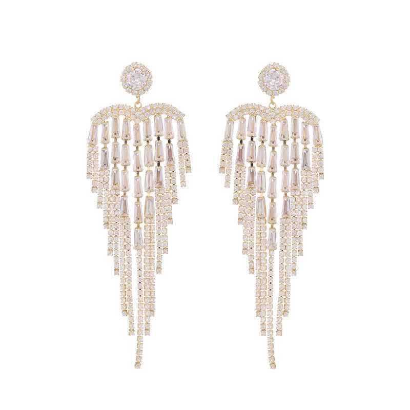 Light luxury style high-end Korean style earrings wholesale exaggerated and long style super flash zircon claw chain love tassel earrings-Mix MIx Style