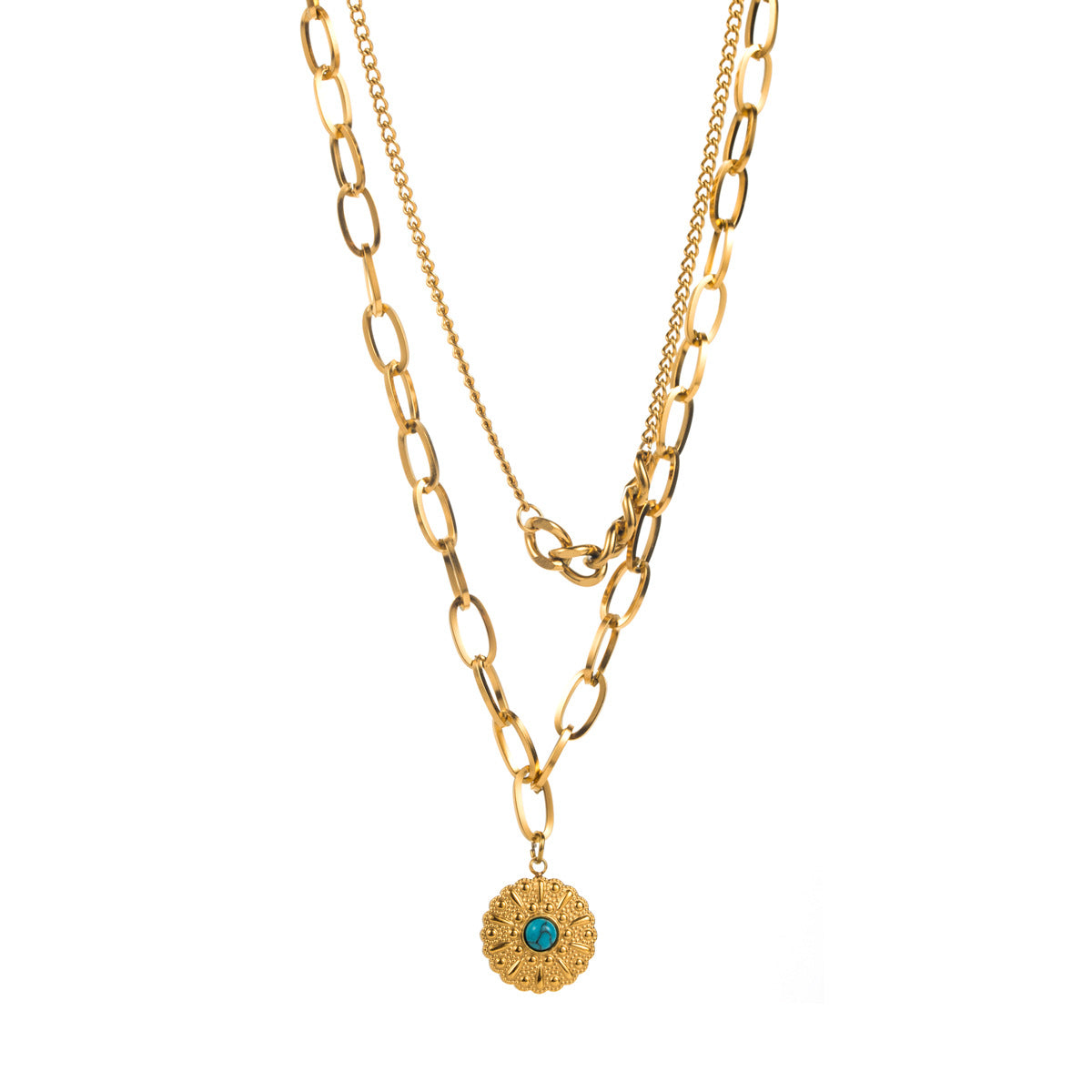 Turquoise Green Vintage Multilayer Chain Pendant RoundCut Gemstone Luxury 18k Veremeil Gold Plated Necklace Jewelry | Mix Mix Style-Mix MIx Style