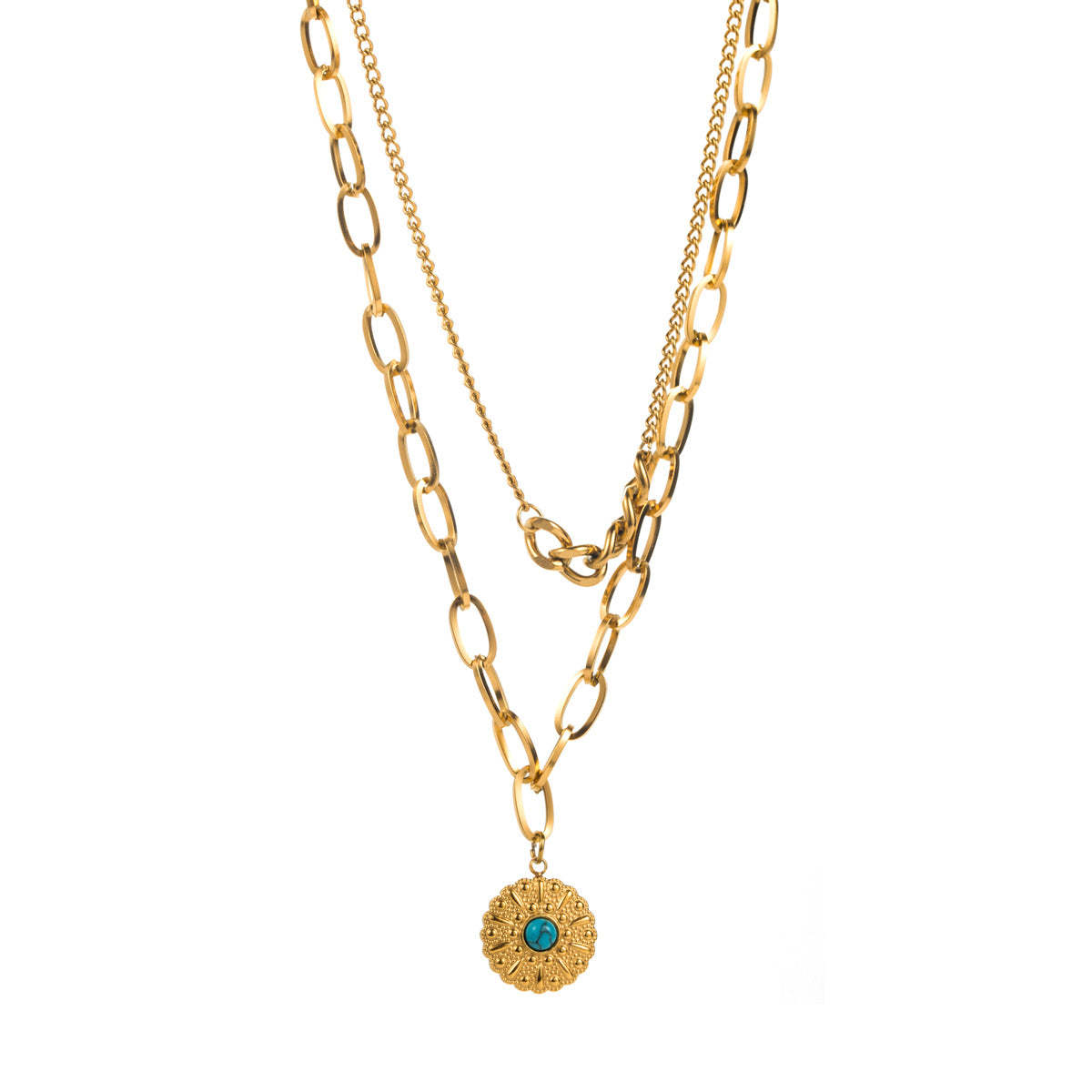 Turquoise Green Vintage Multilayer Chain Pendant RoundCut Gemstone Luxury 18k Veremeil Gold Plated Necklace Jewelry | Mix Mix Style-Mix MIx Style
