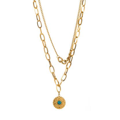 Turquoise Green Vintage Multilayer Chain Pendant RoundCut Gemstone Luxury 18k Veremeil Gold Plated Necklace Jewelry | Mix Mix Style-Mix MIx Style