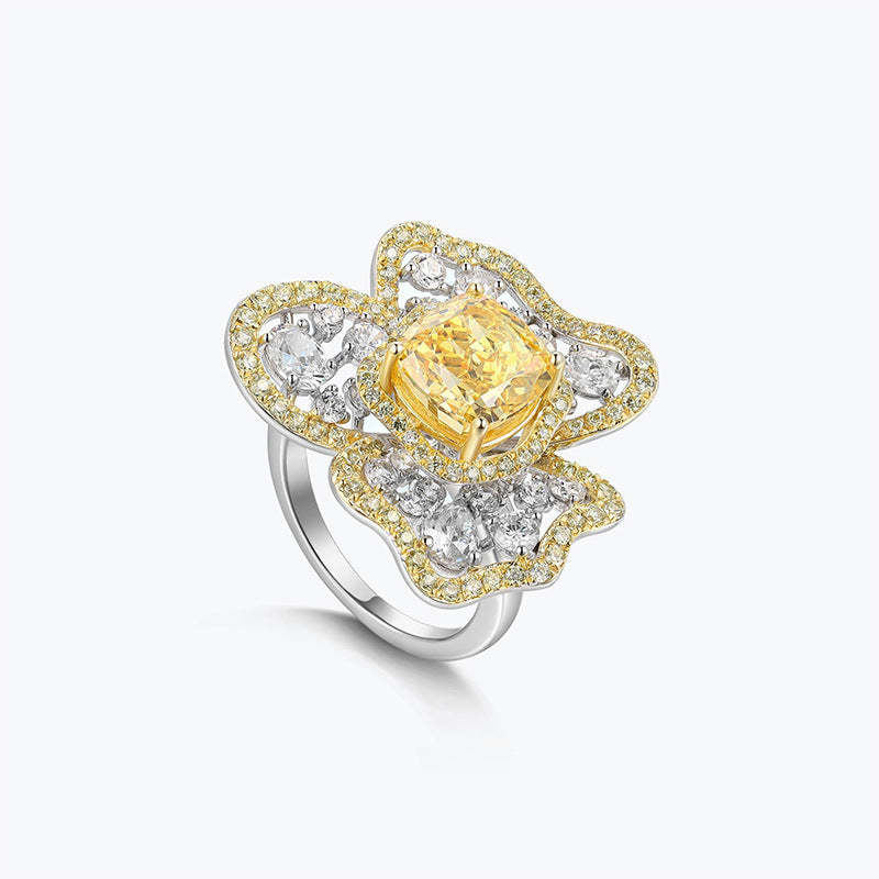 Yellow Retro Flower Cushion Cut Moissanite Diamond 18k White Gold Engagement Ring | Mix Mix Style-Mix MIx Style