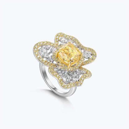 Yellow Retro Flower Cushion Cut Moissanite Diamond 18k White Gold Engagement Ring | Mix Mix Style-Mix MIx Style