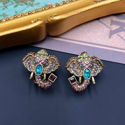 Brown Multilayer Beads Vintage Elephant Pendant Micro Diamonds Luxury 18k Gold Plated Necklace Earrings Jewelry Set | Mix Mix Style-Mix MIx Style