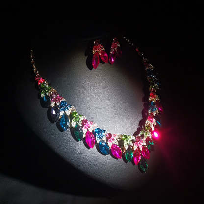 Pink Multicolor Retro Classic Marquise Diamonds Luxury 18k Gold Plated Necklace & Earrings Jewelry Set | Mix Mix Style-Mix MIx Style