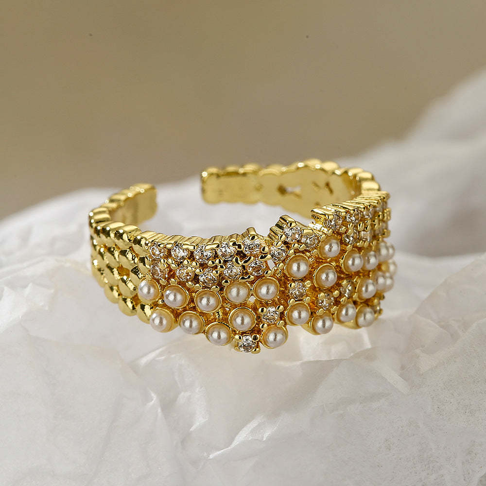 Australian ancient cross-border copper-plated real gold zircon pearl geometric open ring women's INS niche light luxury high-end ring new-Mix MIx Style