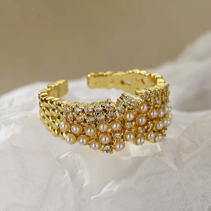 Australian ancient cross-border copper-plated real gold zircon pearl geometric open ring women's INS niche light luxury high-end ring new-Mix MIx Style