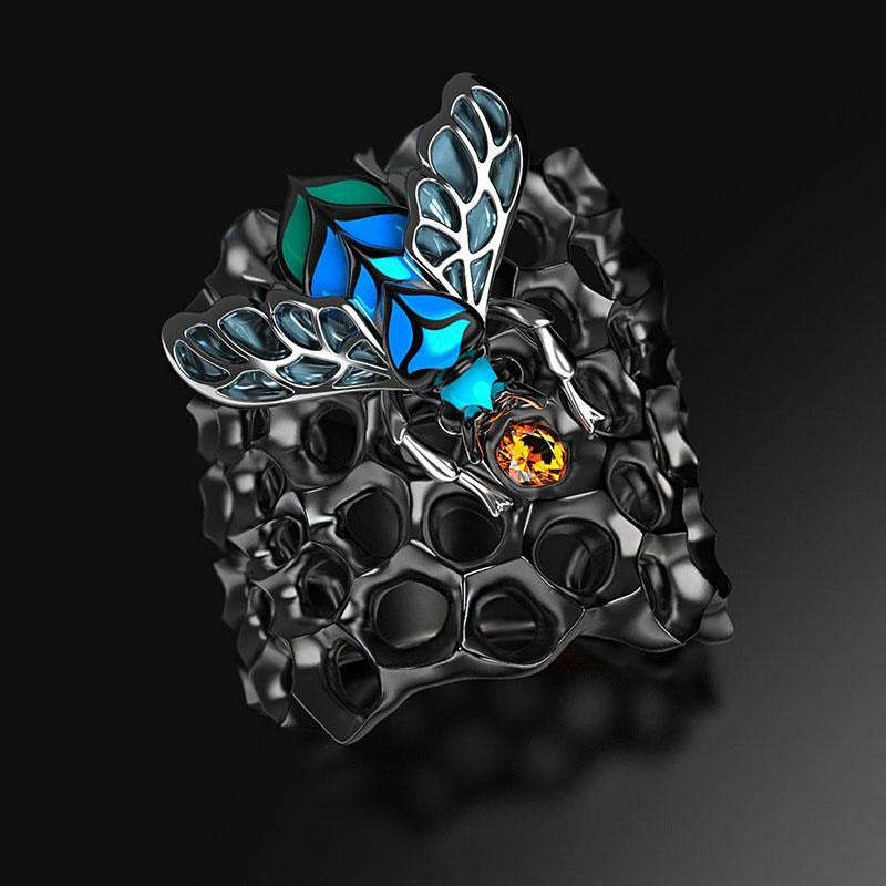 Black & Blue Geometrical Blue Bee Honeycomb Luxurious Thick Ring | Mix