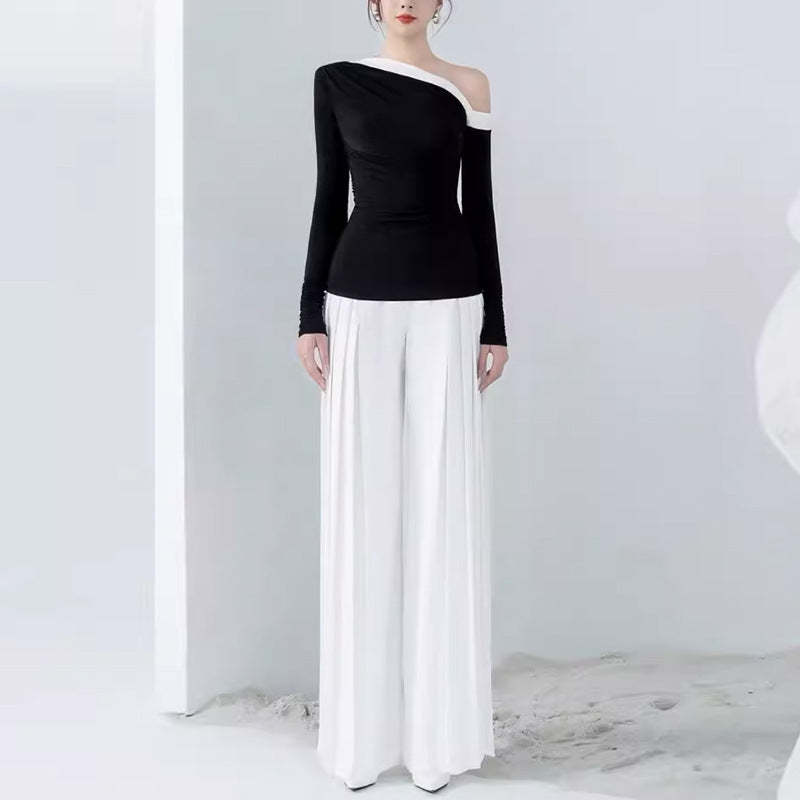2024 Spring and Summer Vietnamese niche design off-shoulder oblique shoulder knitted top suppressed high waist wide-leg pants fashion suit for women-Mix MIx Style