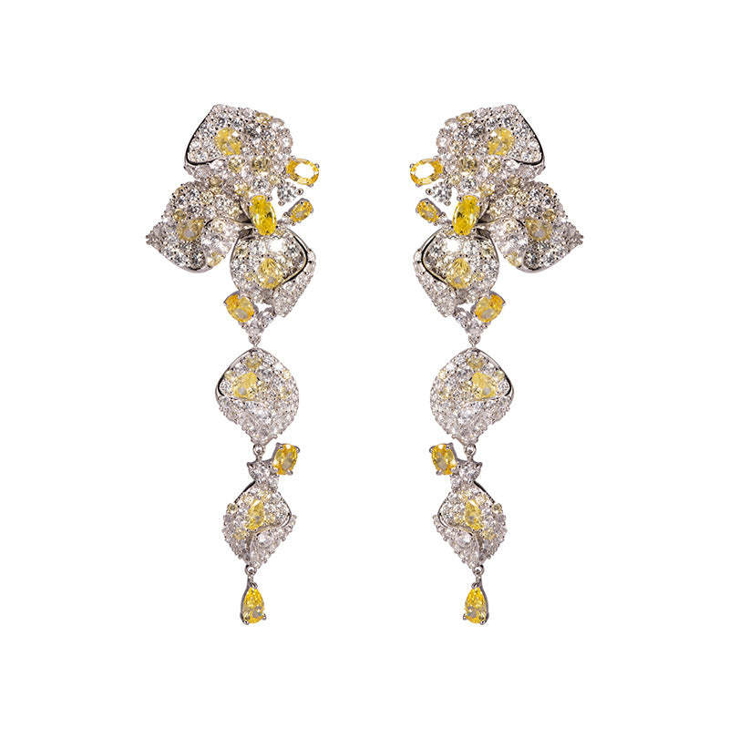 Leafs Embellished Trendy White Moissanite Diamonds Luxury 18k Vermeil Gold Plated Stud/Drop Earrings | Mix Mix Style-Mix MIx Style