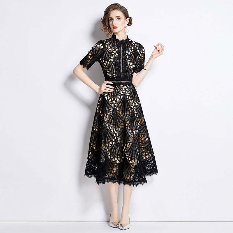 Black - Blue - white stand collar short sleeve pleated embroidery lace summer midi dress | Mix Mix Style-Mix MIx Style