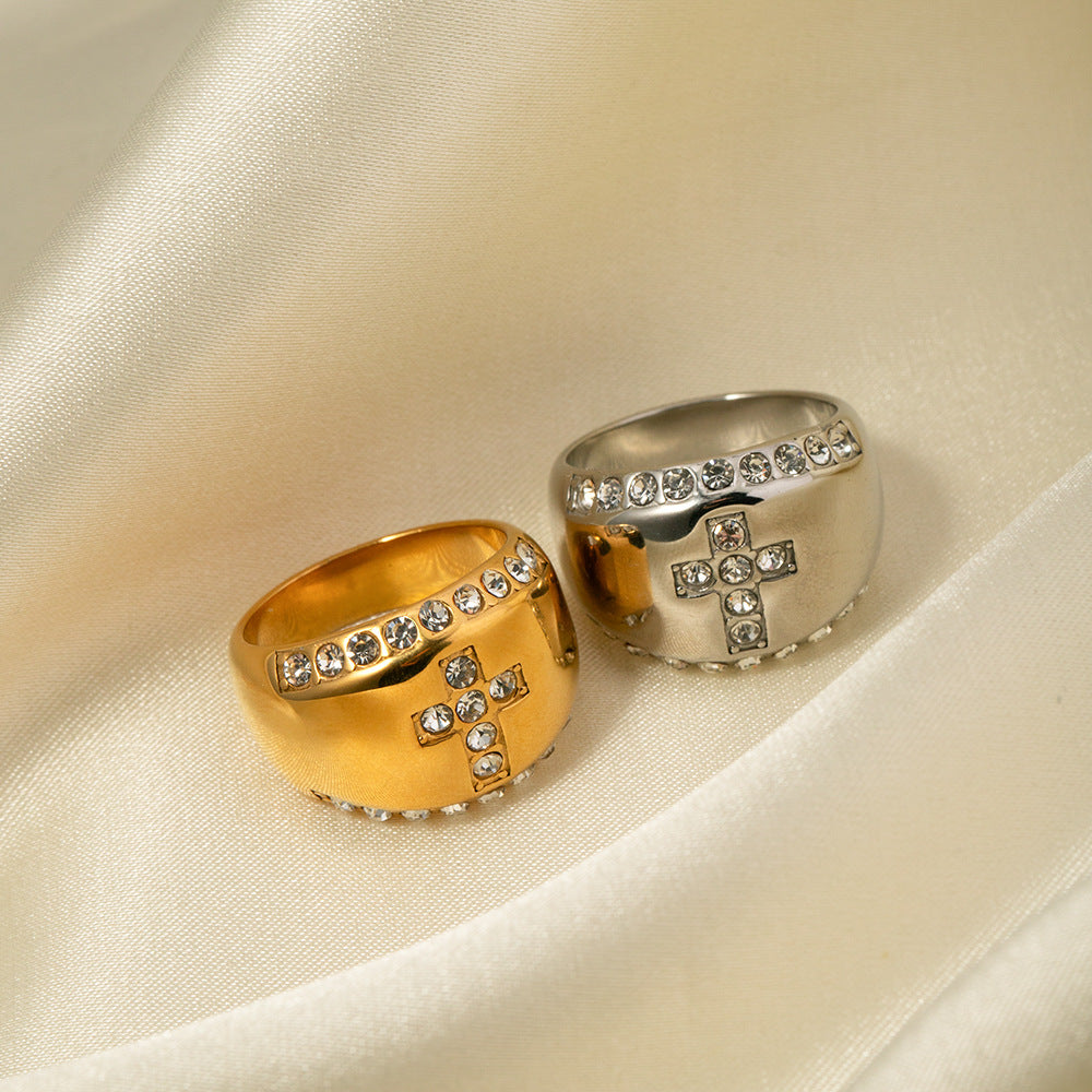 Cross Golden Antique Retro Classic Round Diamonds Elegant Luxury 18k White/Vermeil Gold Plated Ring Jewelry | Mix Mix Style-Mix MIx Style