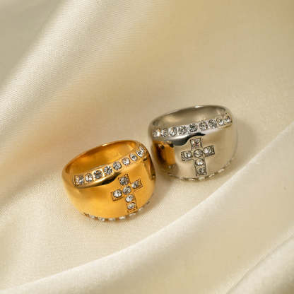 Cross Golden Antique Retro Classic Round Diamonds Elegant Luxury 18k White/Vermeil Gold Plated Ring Jewelry | Mix Mix Style-Mix MIx Style