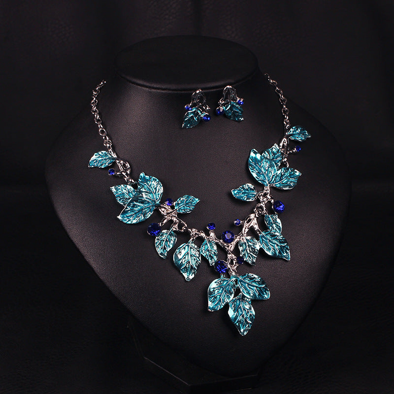 Vintage Green Leafs Diamonds Pendants Luxury 18k White Gold Plated Necklace & Earring Jewelry Set | Mix Mix Style-Mix MIx Style