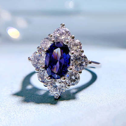 Fashion Royal Blue Oval Cut Moissanite Diamond 2.5ct 18k White Gold Engagement Ring | Mix Mix Style-Mix MIx Style