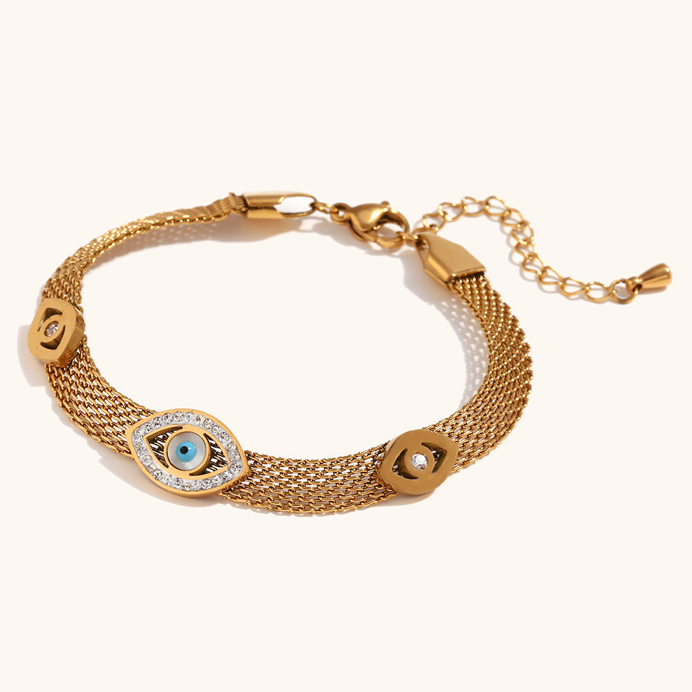 European and American cross-border hot sale three eyes rhinestone braided mesh bracelet stainless steel plated 18K retro fashion hand jewelry-Mix MIx Style