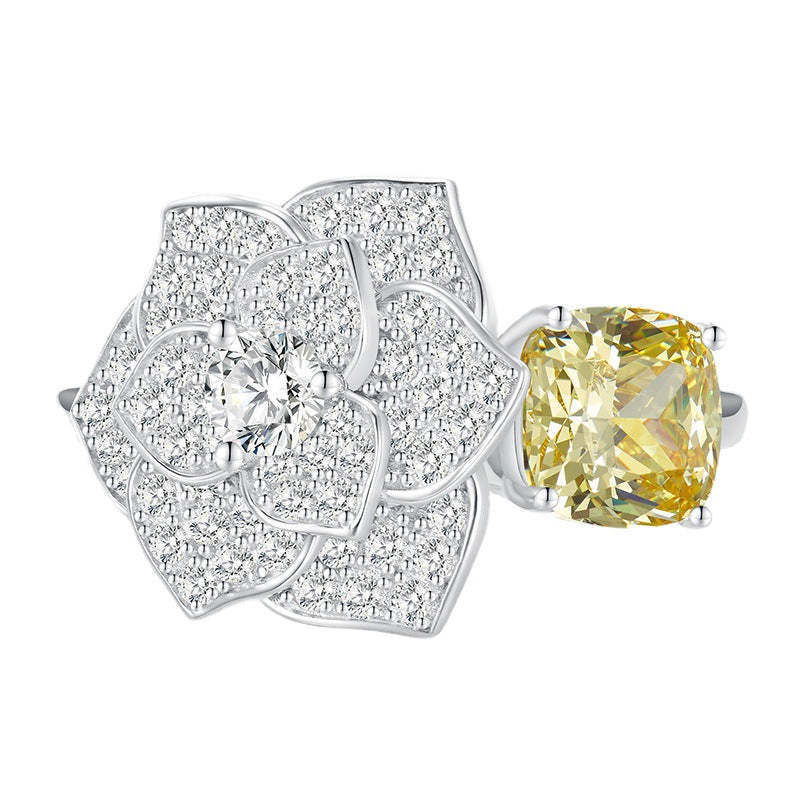 Flower Yellow Cushion Cut Moissanite Diamonds 18k White Gold Plated Engagement Ring | Mix Mix Style-Mix MIx Style