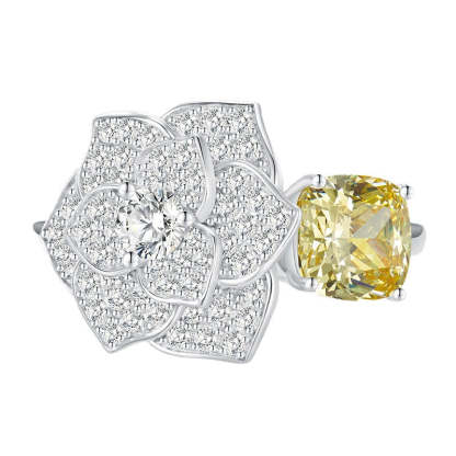 Flower Yellow Cushion Cut Moissanite Diamonds 18k White Gold Plated Engagement Ring | Mix Mix Style-Mix MIx Style