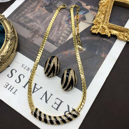 Black Stripes Vintage Elegant Pendant Diamonds Luxury 18k Gold Plated Necklace Earrings Jewelry Set | Mix Mix Style-Mix MIx Style
