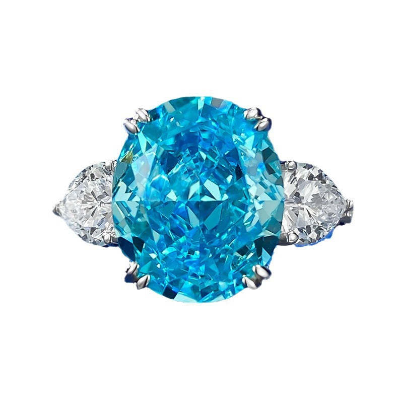Ocean Blue Oval Cut Moissanite Diamond 4ct 18k White Gold Plated Engagement Ring | Mix Mix Style-Mix MIx Style