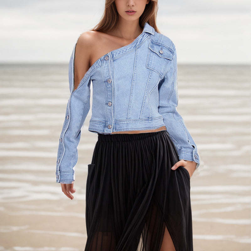 2024 Spring New American Retro Washed Old Off-shoulder Design Denim Jacket Women's Niche Design Jacket-Mix MIx Style