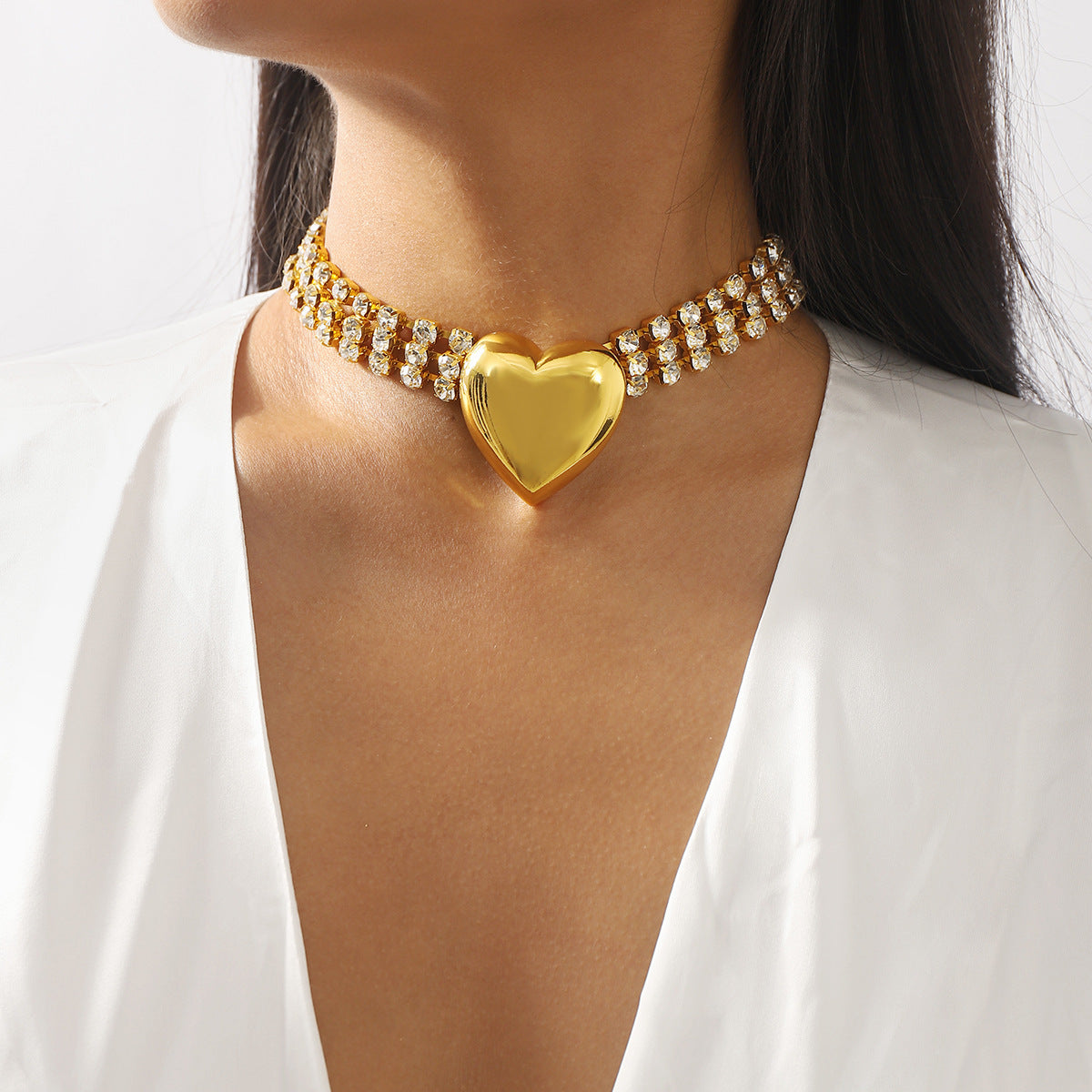 Solid Heart Vintage Pendant Round Cuts Diamond Luxury 18k Gold Plated Choker Necklace Jewelry | Mix Mix Style-Mix MIx Style