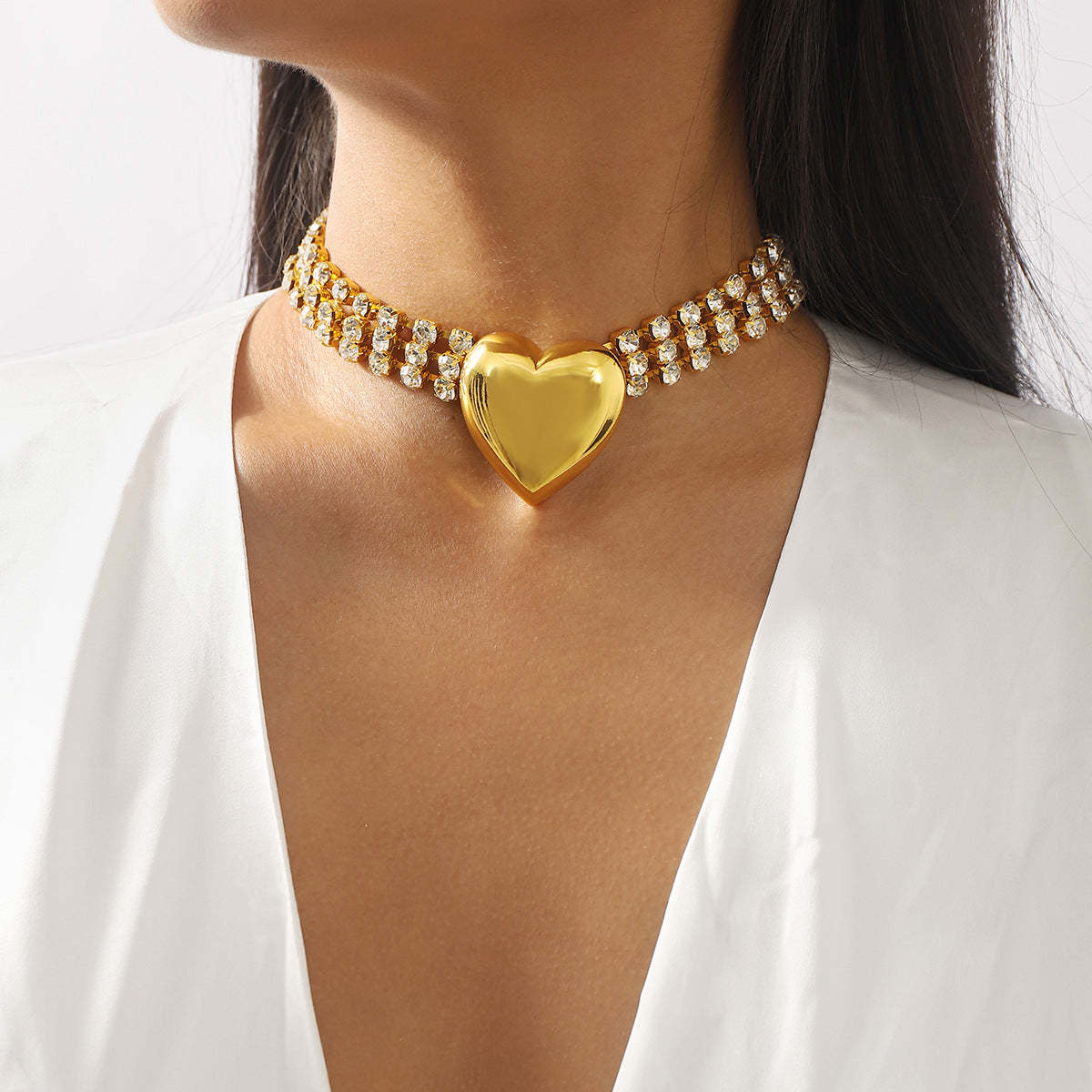 Solid Heart Vintage Pendant Round Cuts Diamond Luxury 18k Gold Plated Choker Necklace Jewelry | Mix Mix Style-Mix MIx Style