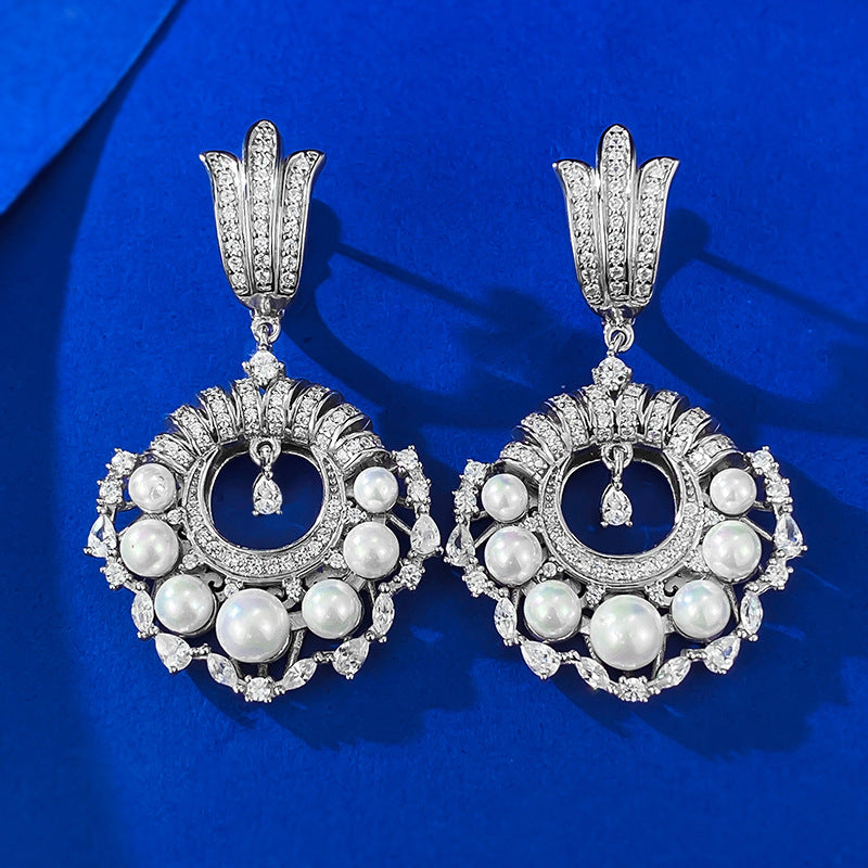 Mujing Jewelry 2023 New S925 Silver French Retro Full Diamond Pearl Earrings Feminine Fashion European and American Style-Mix MIx Style