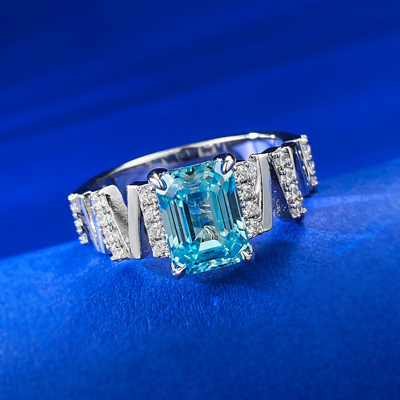 Mu Jing's new S925 silver 6*8 rectangular 3ct car flat light sea blue ring for women simple and atmospheric diamond ring one piece drop shipping-Mix MIx Style